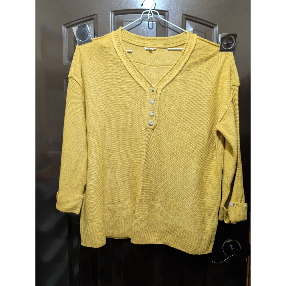 Jodifl Waffle V-Neck Knit Henley Sweater Women's 2x Cuffed Sleeves Mustard Fall